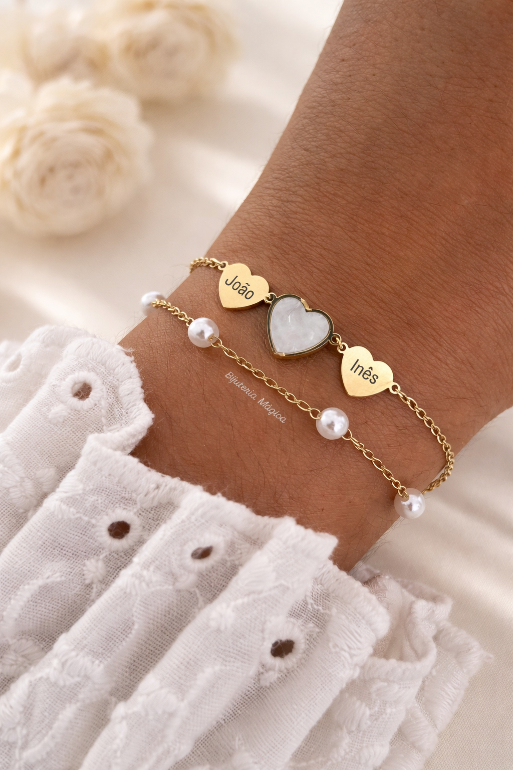 Pulseira Dupla Personalizada com Corações em Aço