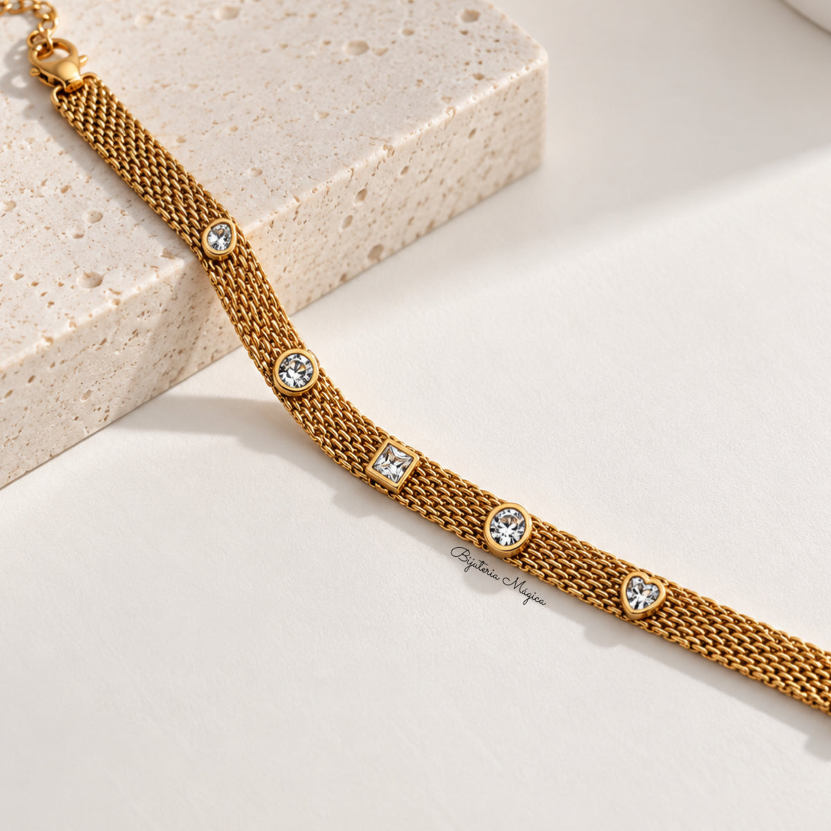 Pulseira Malha Cristal Dourada