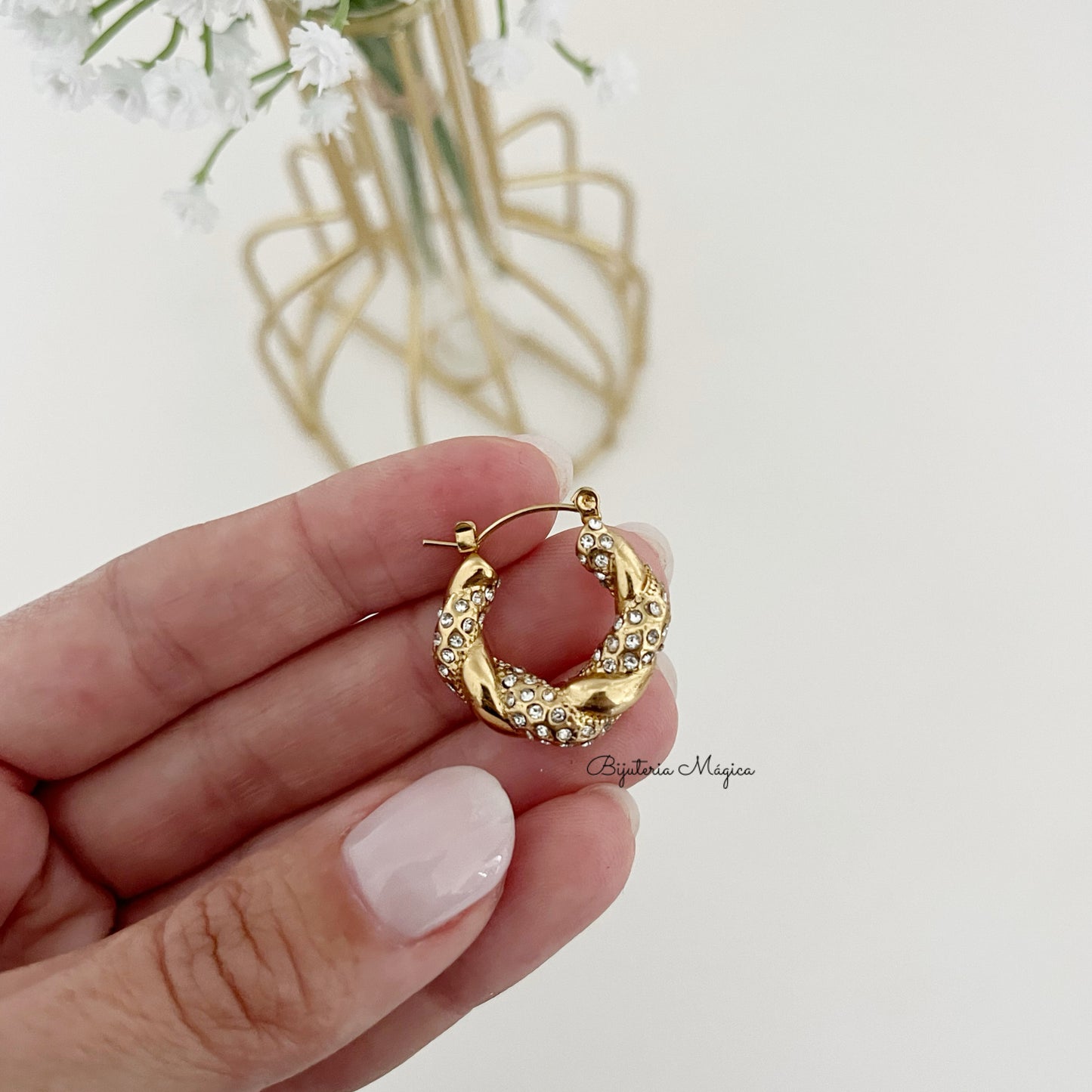 Steel Braided Hoop Earrings with Rhinestones
