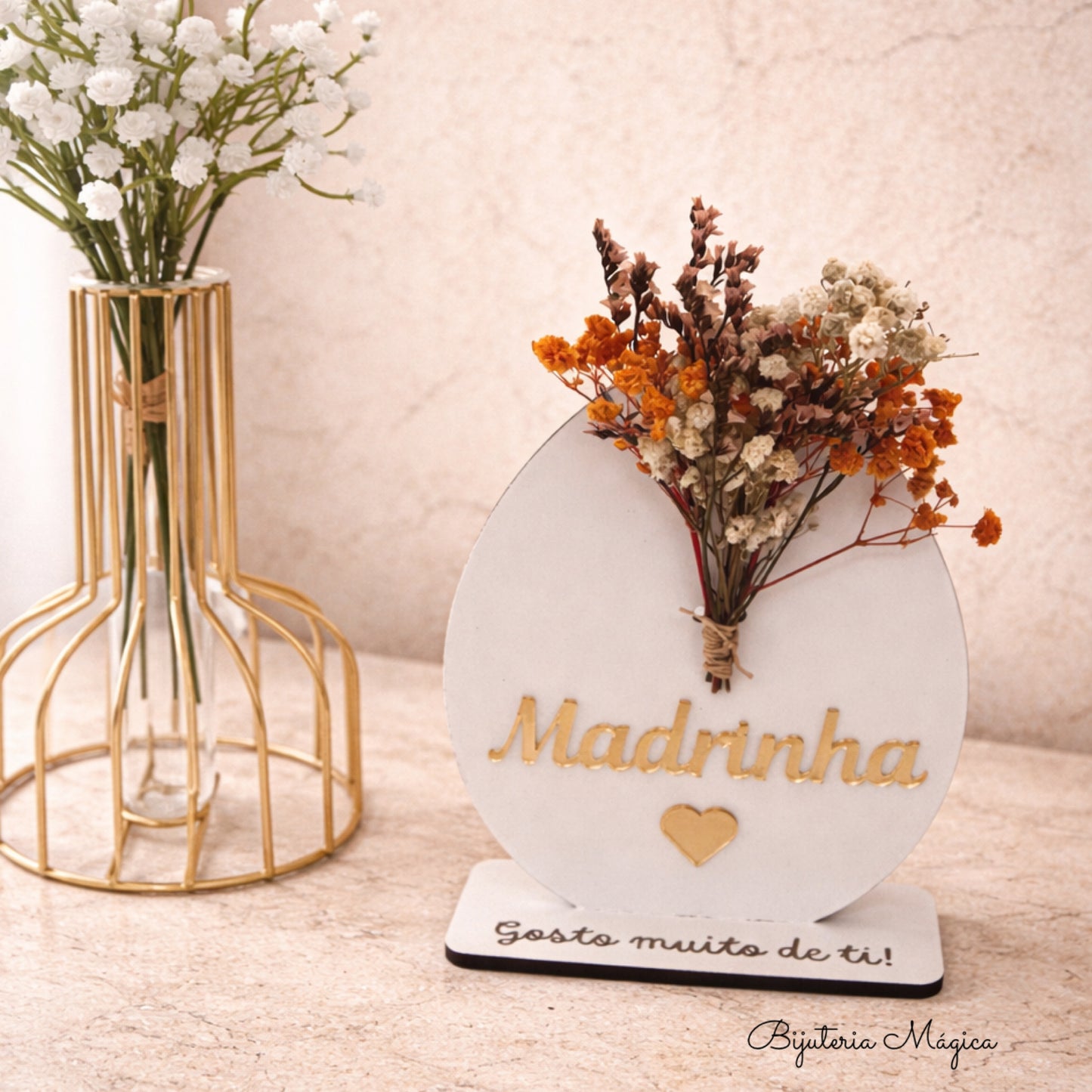 Placa Decorativa “Madrinha” com Flores Secas