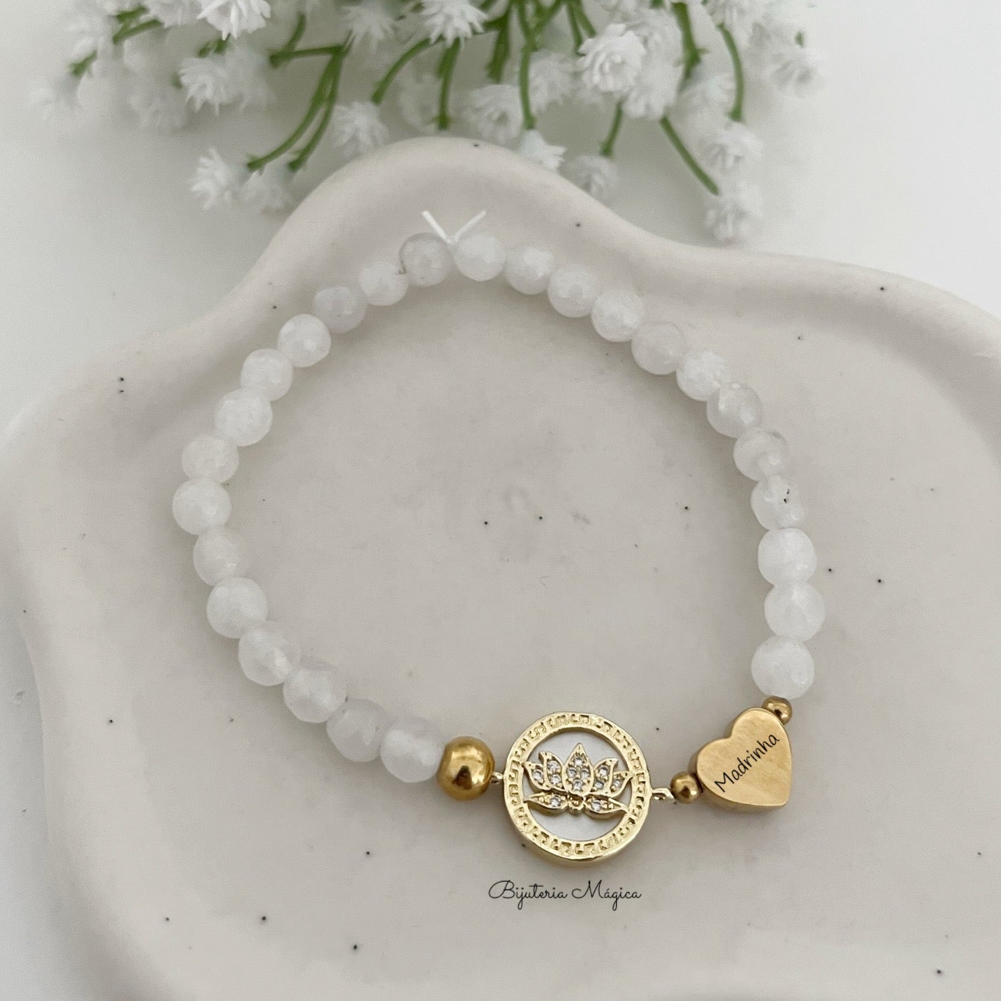 Pulseira Madrinha Flor de Lótus com Coração Personalizado