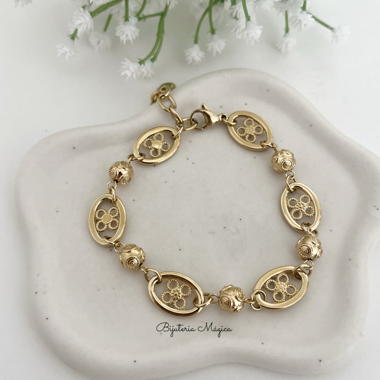 Pulseira Bolas de Viana com Flor Filigrana Dourada
