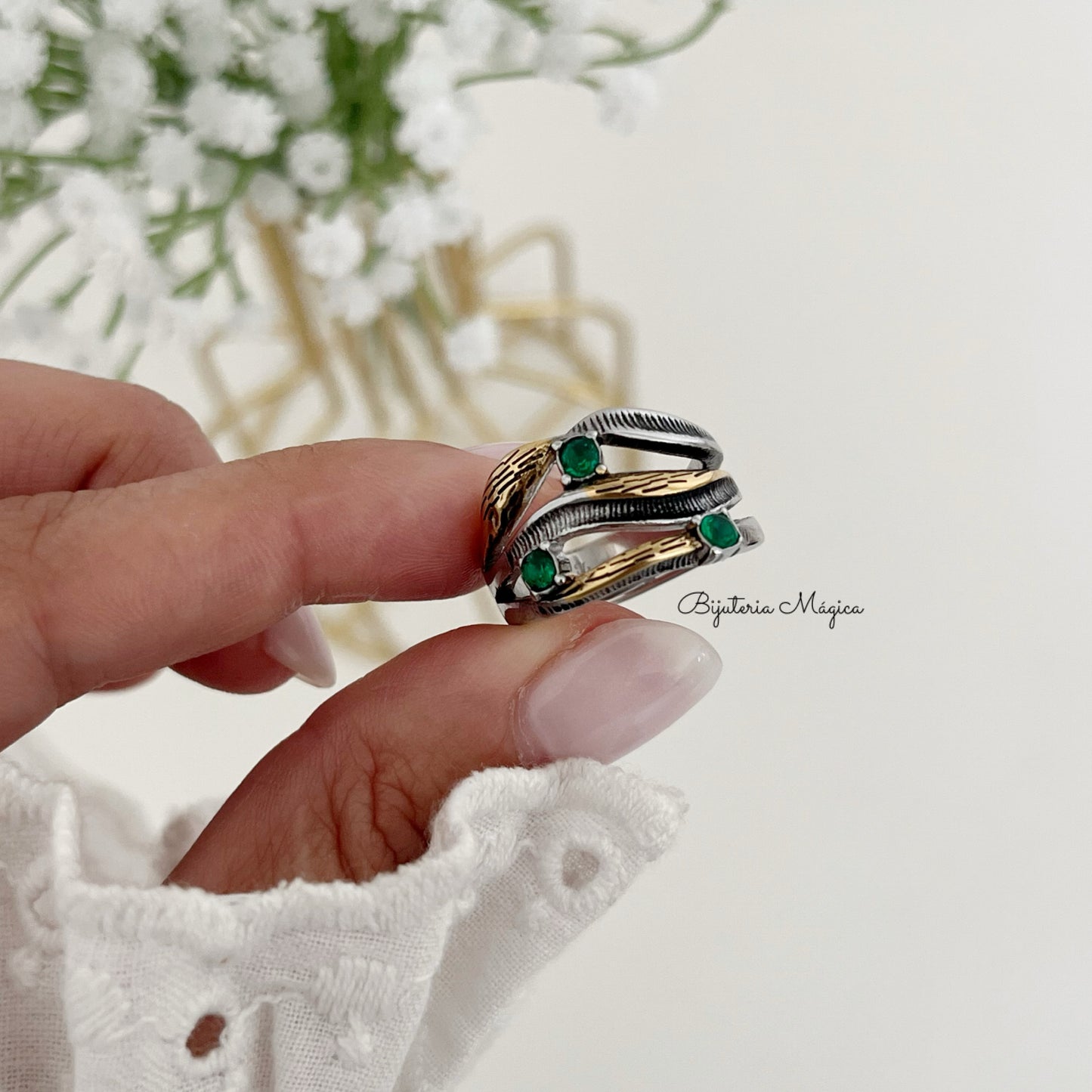 Anel Elegance Ondas Verdes em Aço Inoxidável