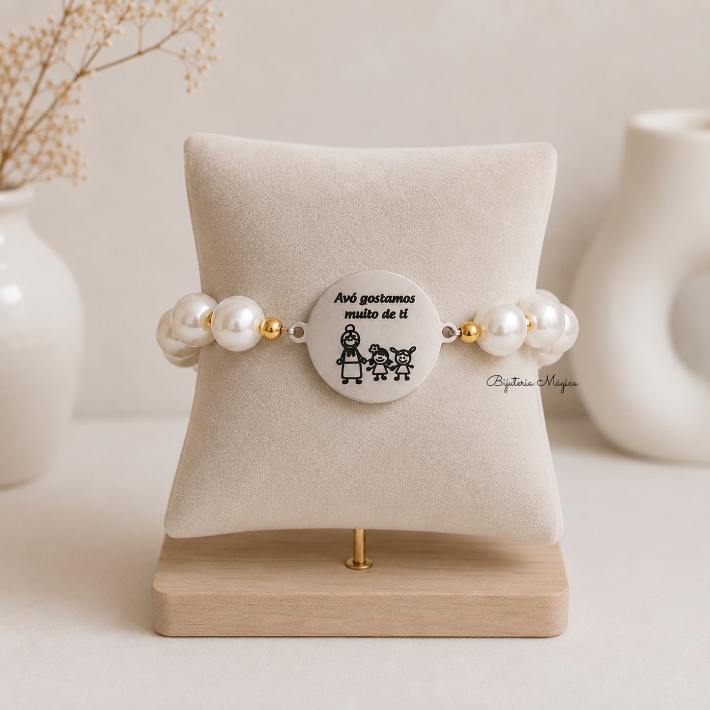 Pulseira Elástica de Pérolas Personalizada em Aço Inoxidável