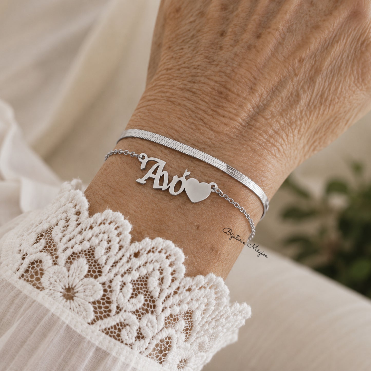 Pulseira Dupla em Aço Prateado com “Avó” e Coração
