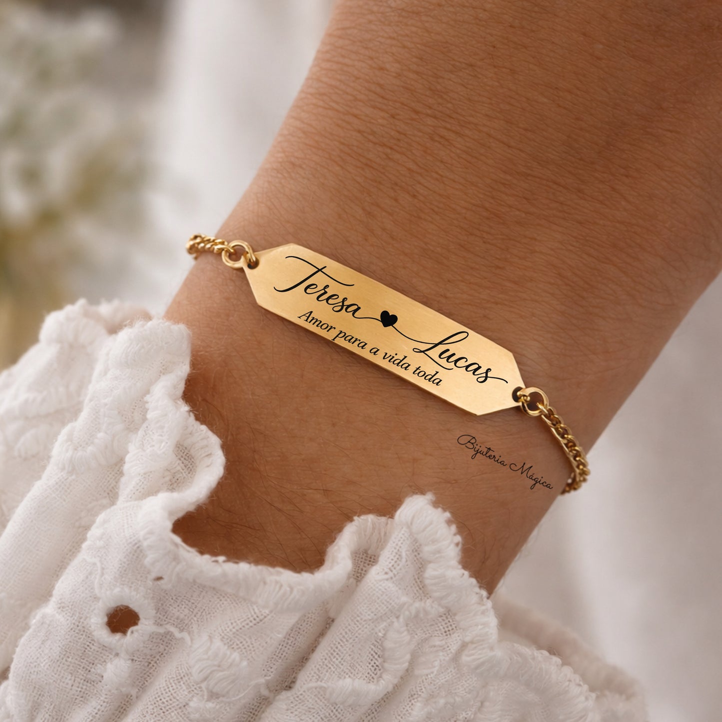 Pulseira Placa Amor Eterno Personalizada em Aço