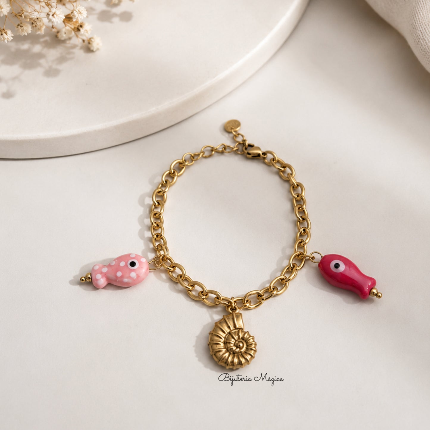 Pulseira Oceano em Aço com Peixes e Náutilo Dourado