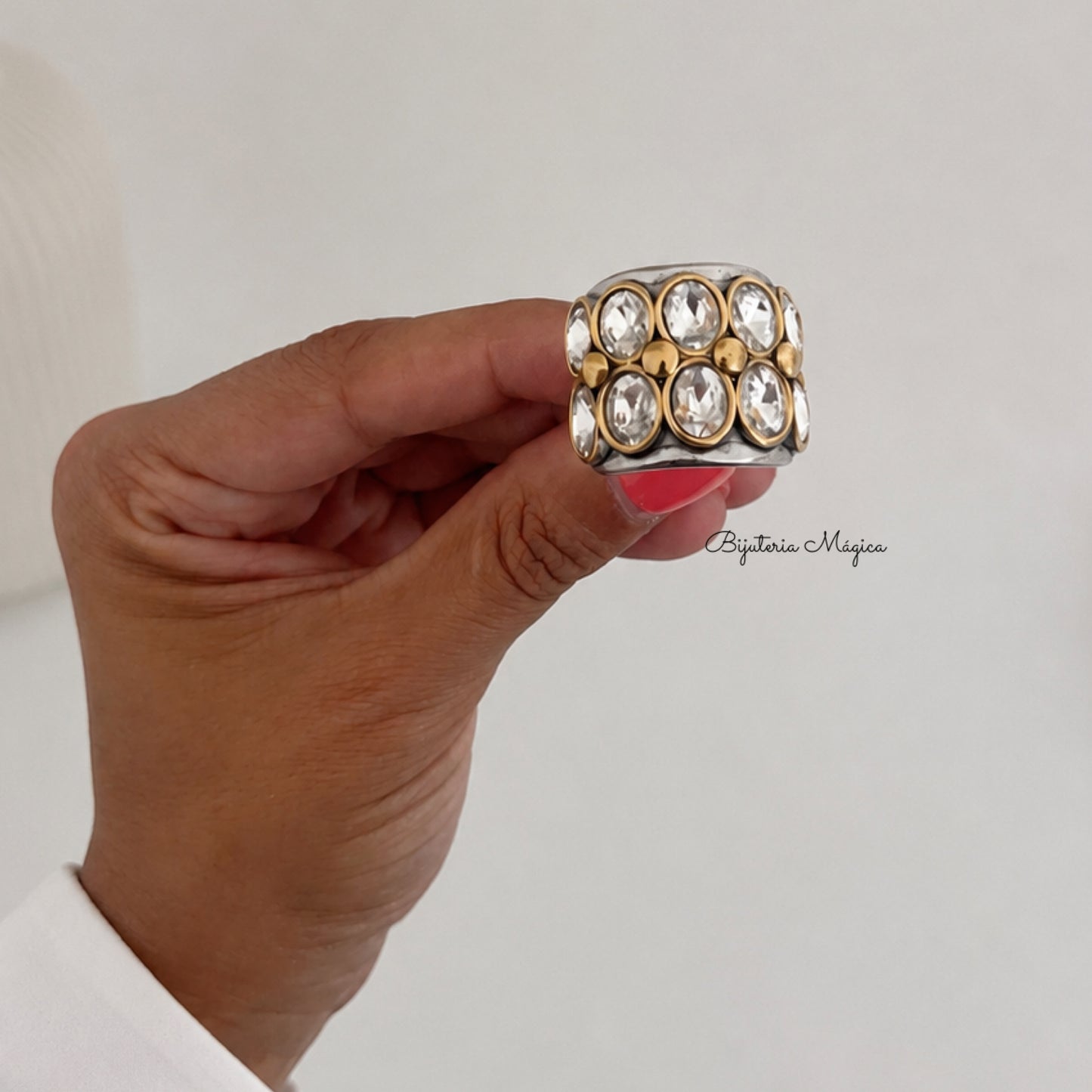 Anel Largo Bicolor com Zircónias em Aço Inoxidável