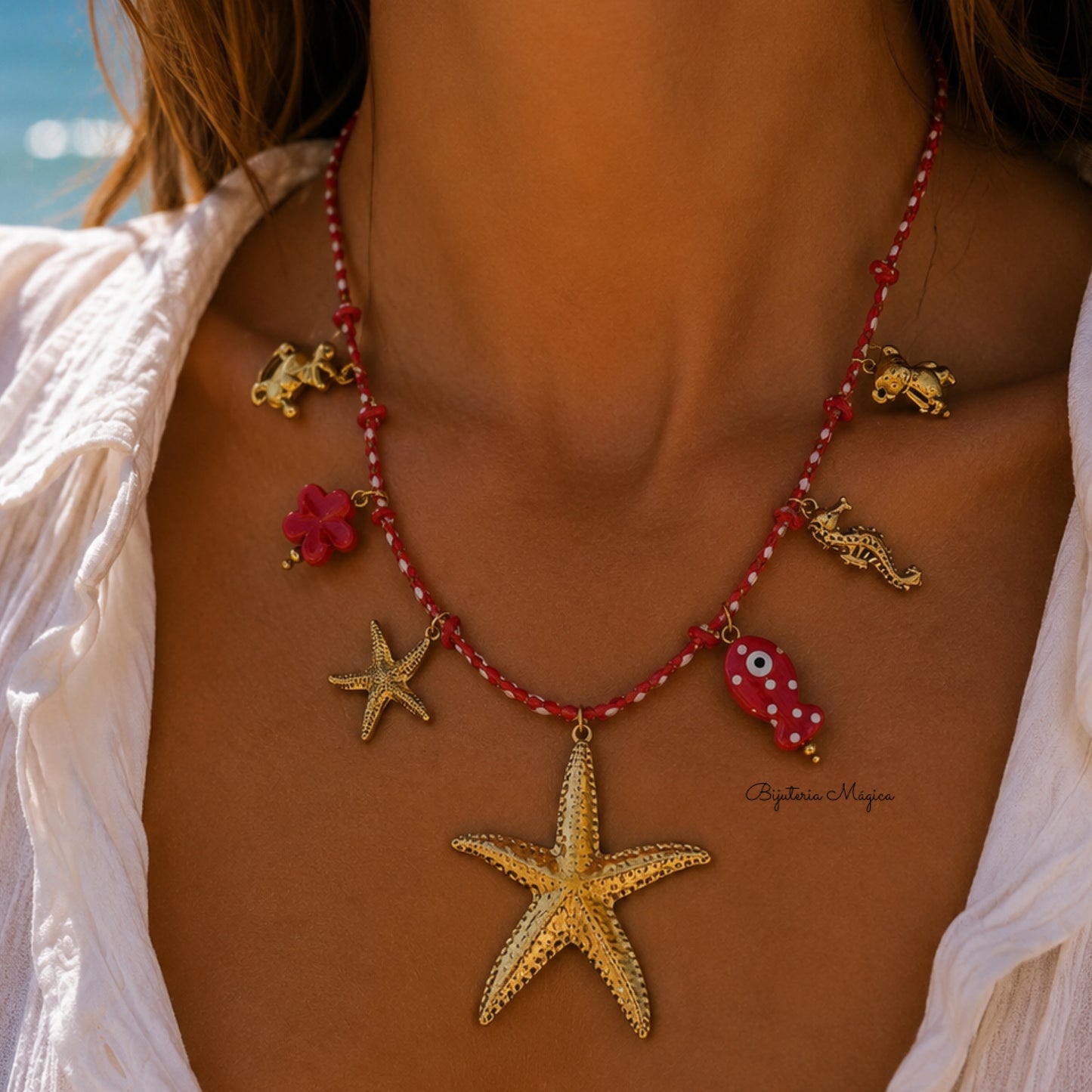 Colar Cordão Vermelho com Estrela-do-Mar em Aço