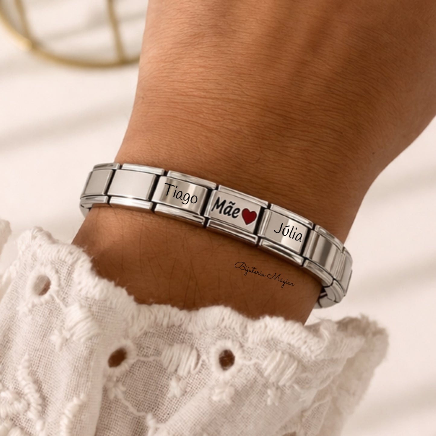 Pulseira Elástica Personalizada Mãe em Aço Inoxidável