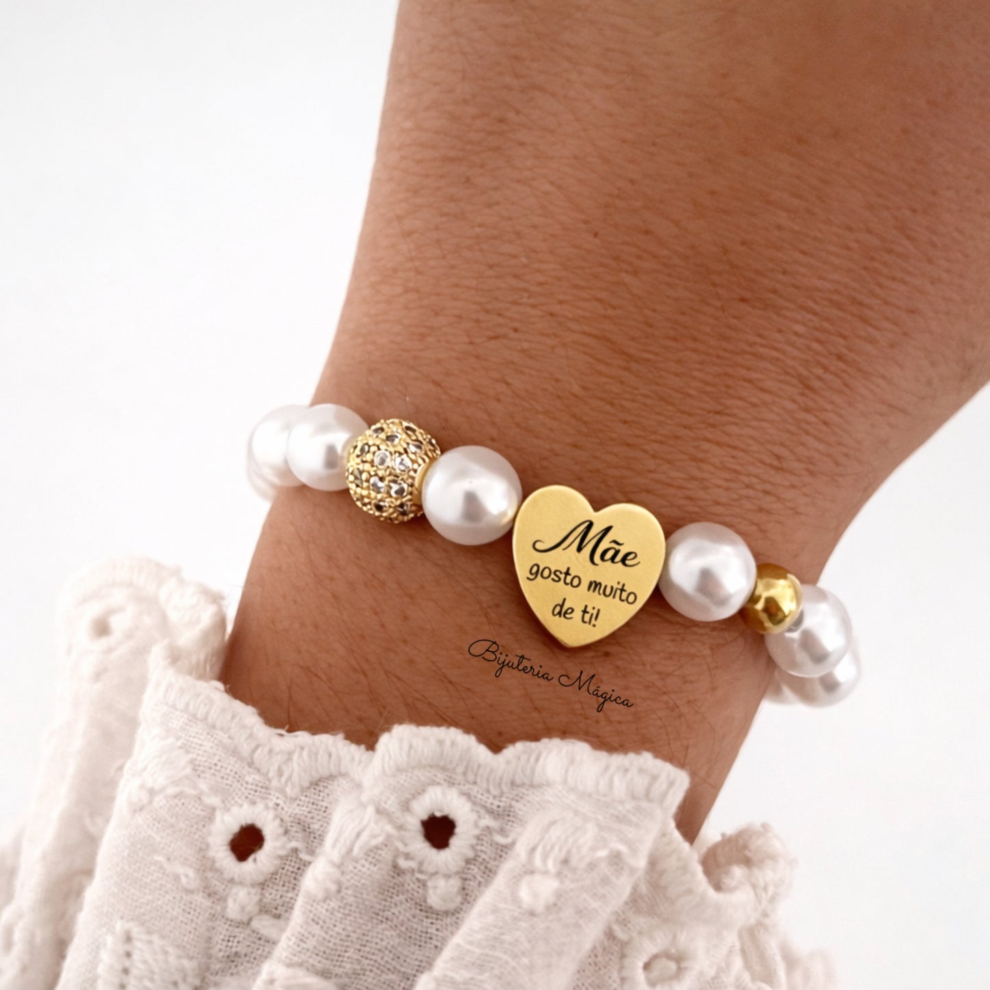 Pulseira Elástica Coração Mãe com Pérolas e Zircónias