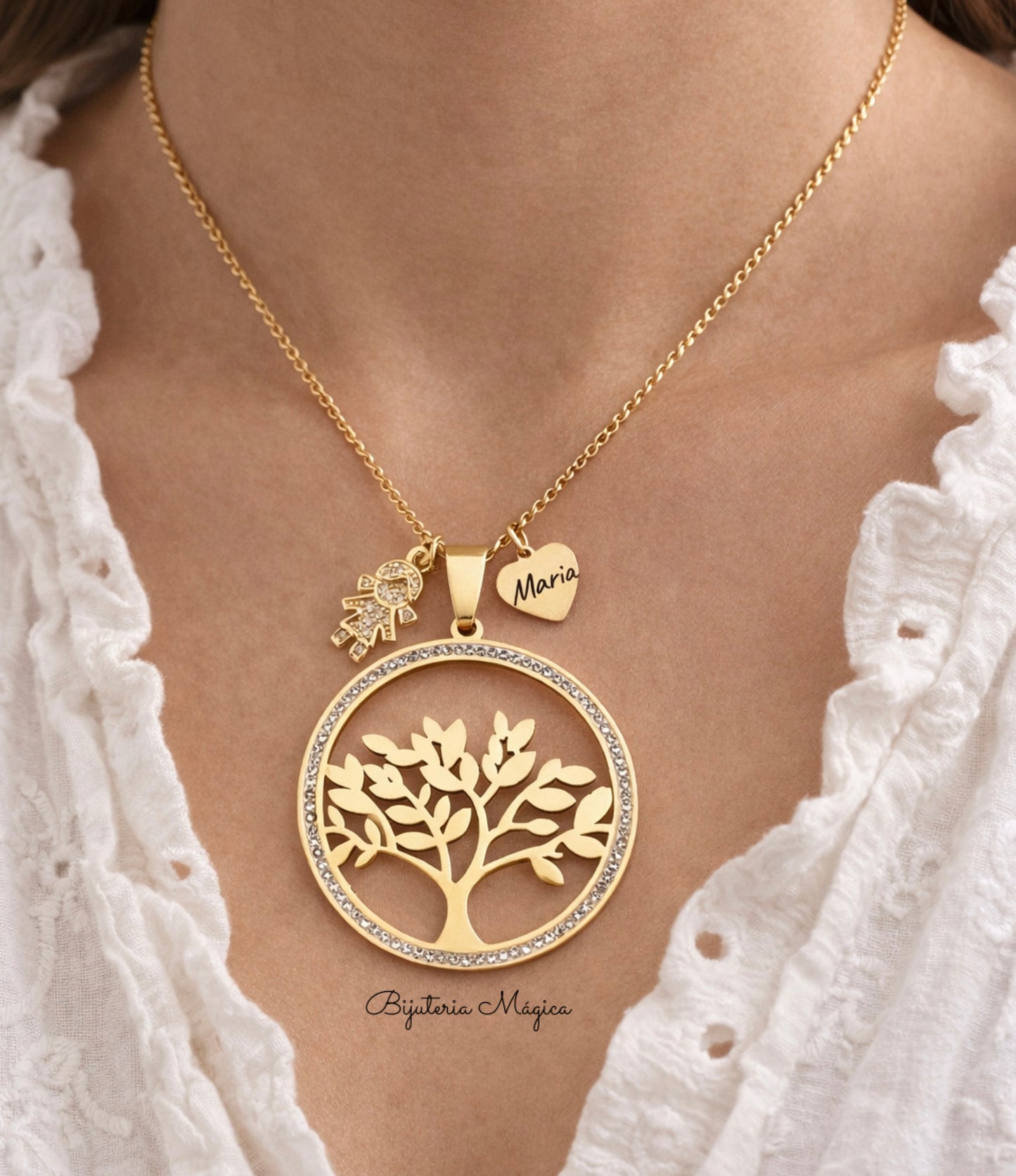 Colar Árvore da Vida com Menino/Menina e Coração Personalizado