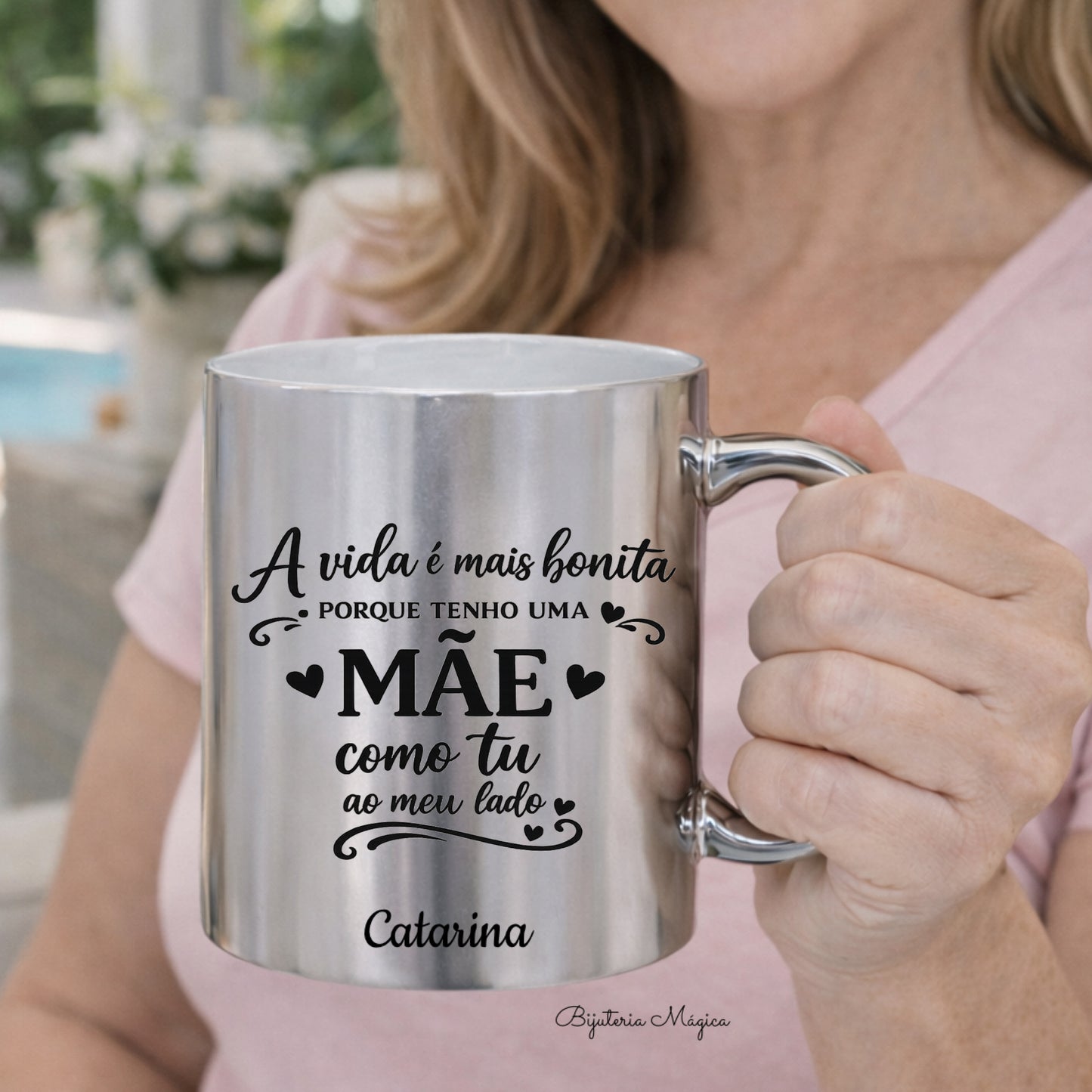 Caneca Metalizada Prateada Personalizada Amor de Mãe