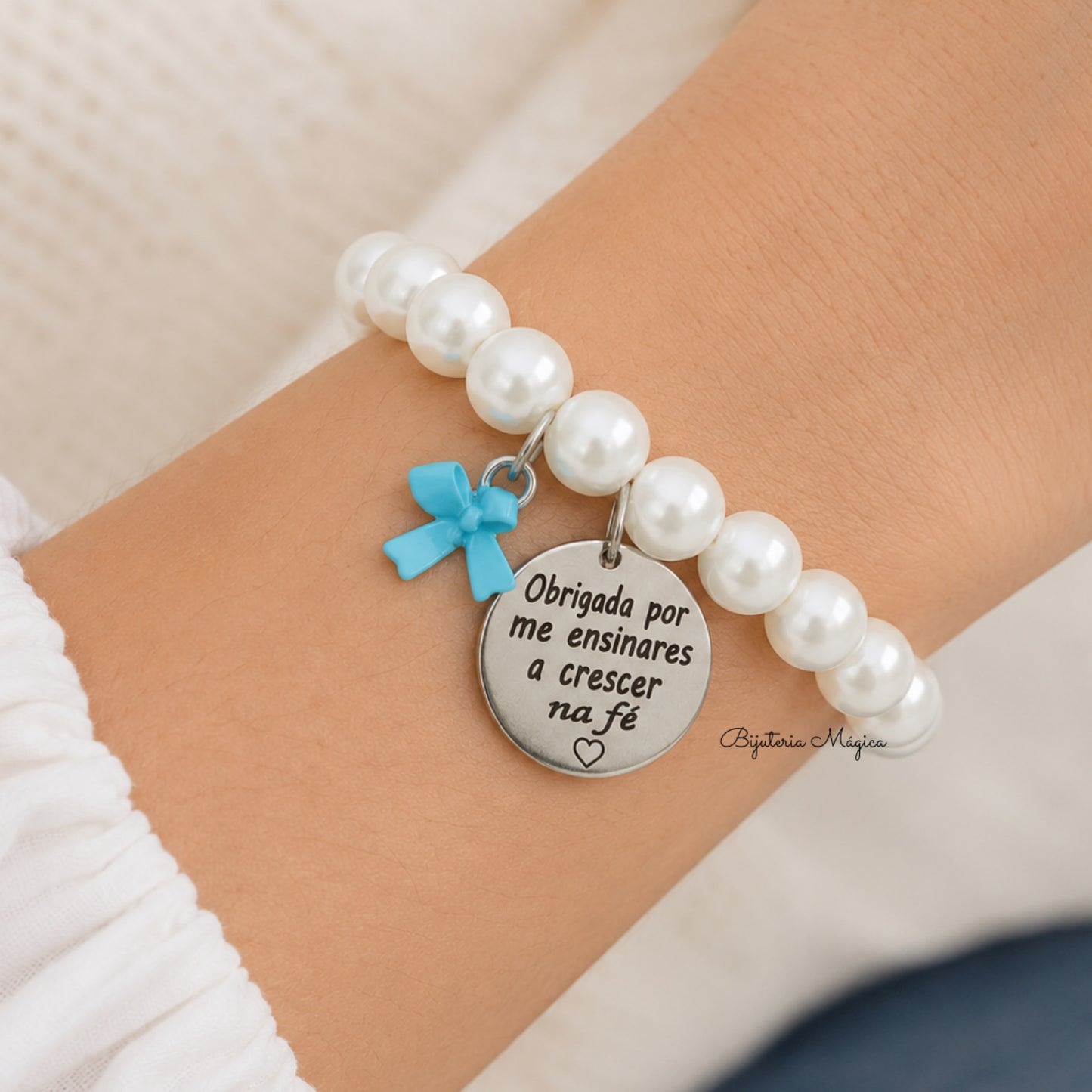Pulseira Elástica de Pérolas “Obrigada por me ensinares a crescer na fé”