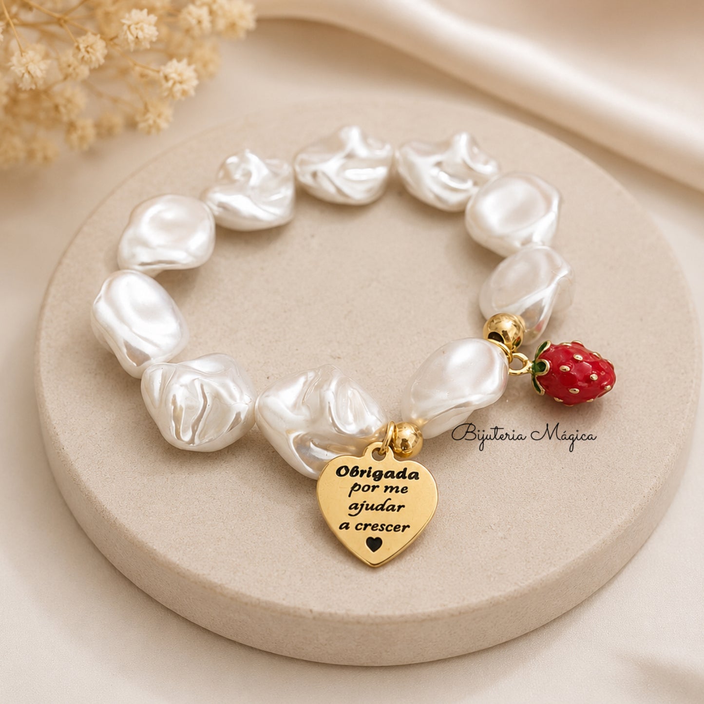 Pulseira Elástica Pérolas com Medalha Personalizada