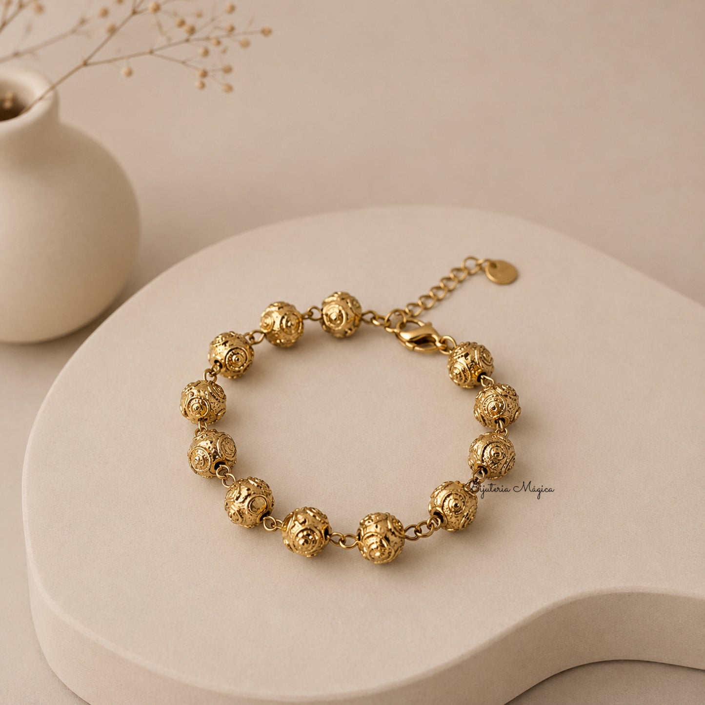 Pulseira Esferas Douradas em Aço Inoxidável
