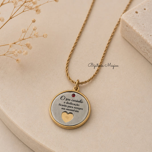 Colar Professora “O Seu Carinho e Dedicação” em Aço Inoxidável
