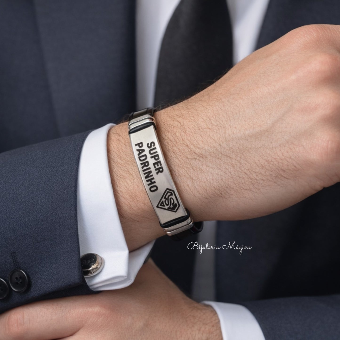 Pulseira Super Padrinho em Aço e Pele Sintética
