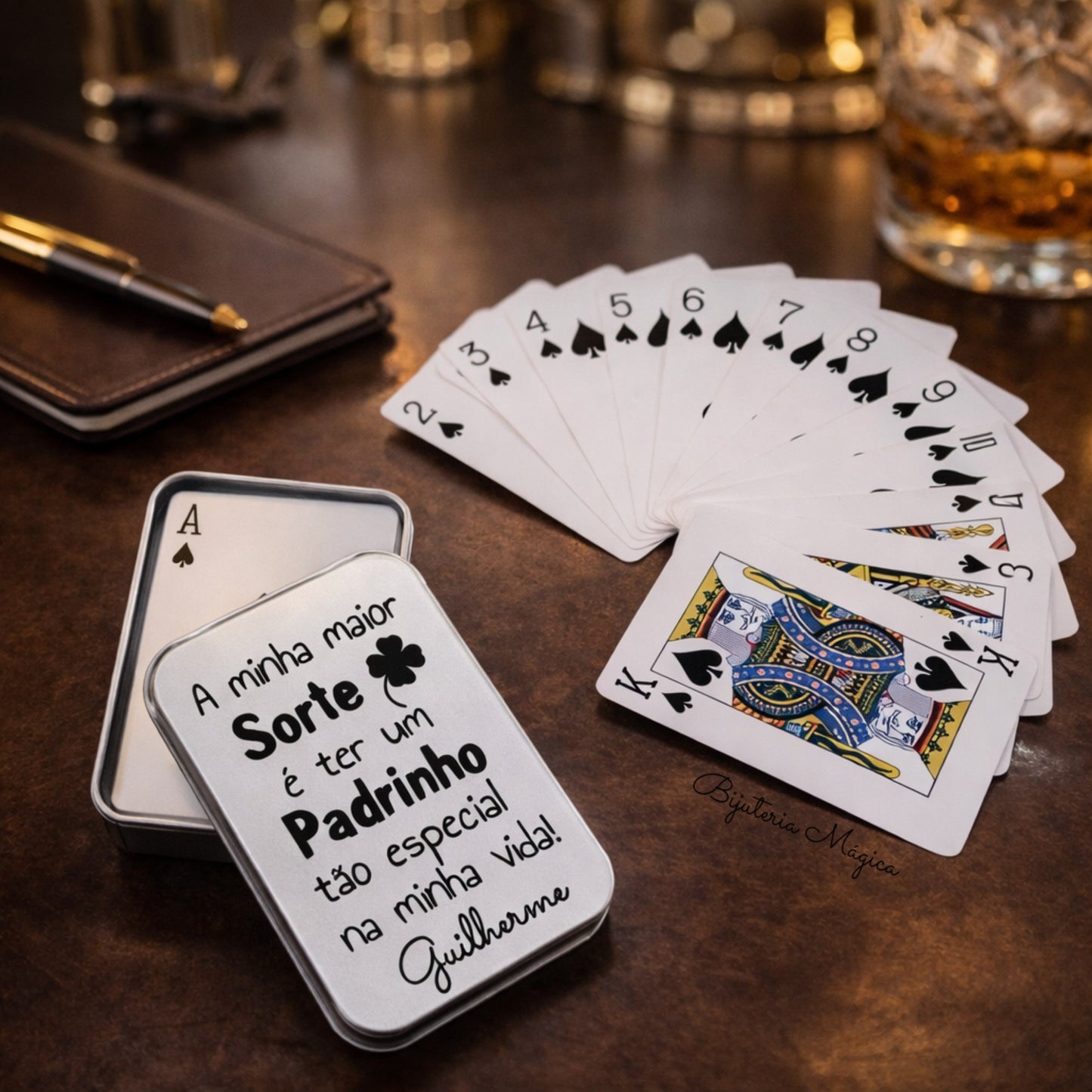 Baralho de Cartas Personalizado para Padrinho – Caixa Metálica