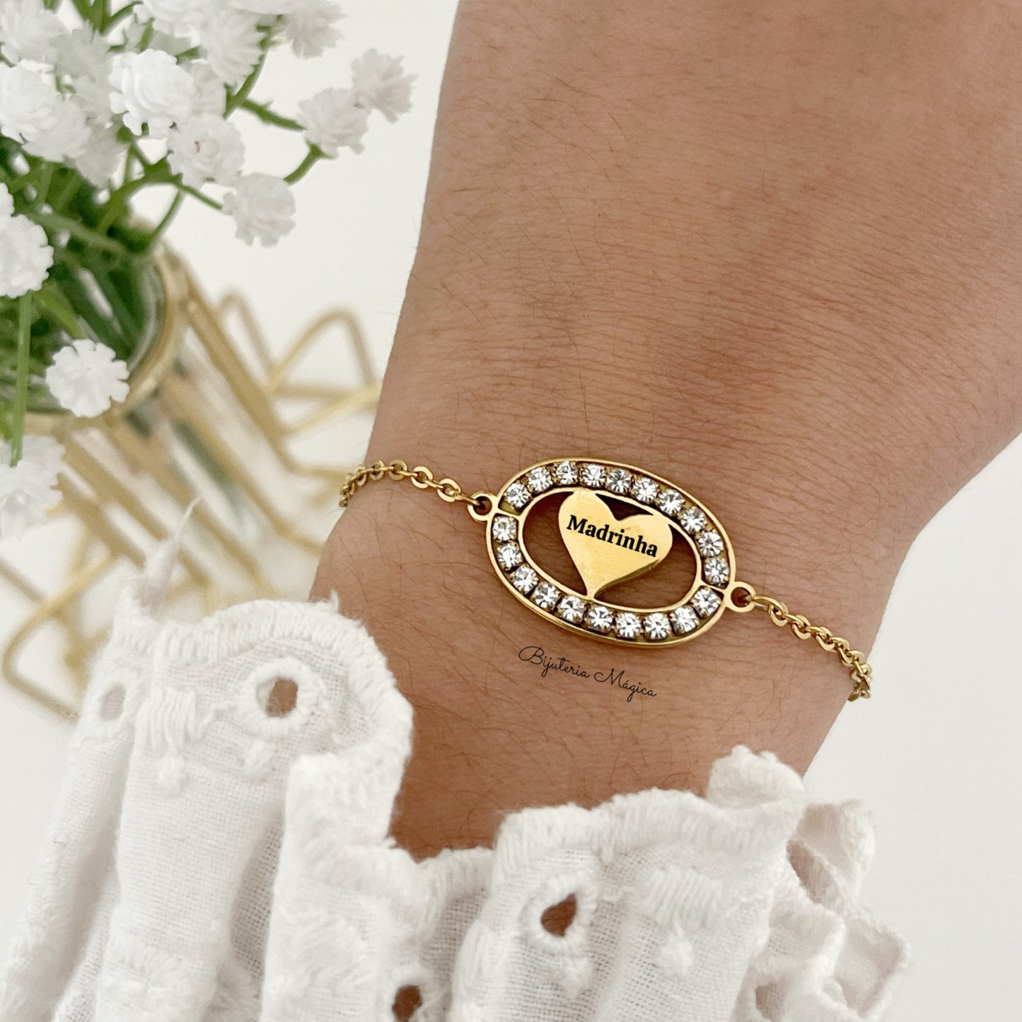 Pulseira Madrinha Dourada com Brilhantes
