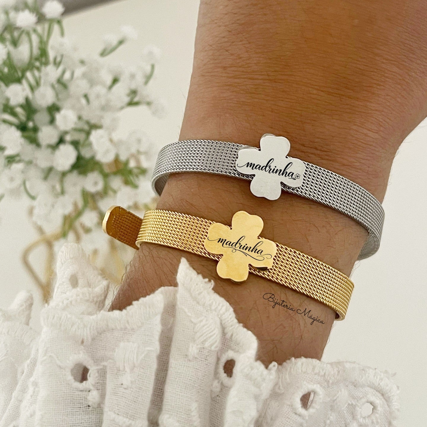 Pulseira Madrinha Trevo Ajustável em Aço