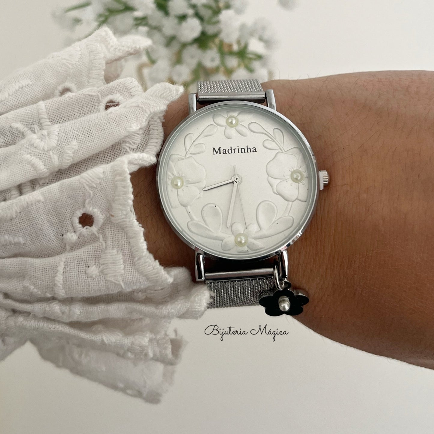 Relógio Madrinha Floral em Aço