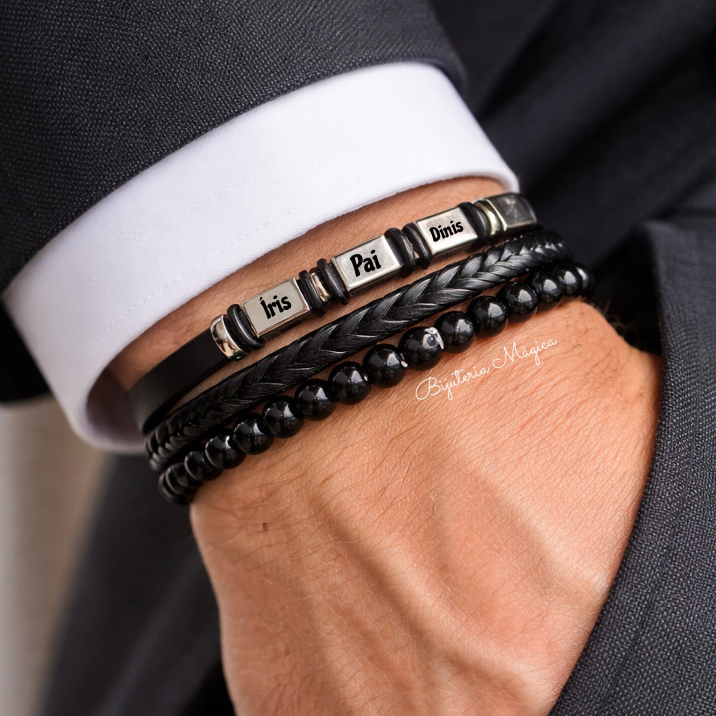 Pulseira Pai & Filhos – Couro Preto e Aço Personalizável