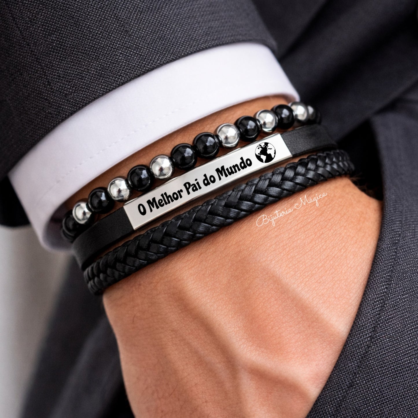 Pulseira Melhor Pai do Mundo – Couro e Aço Personalizável