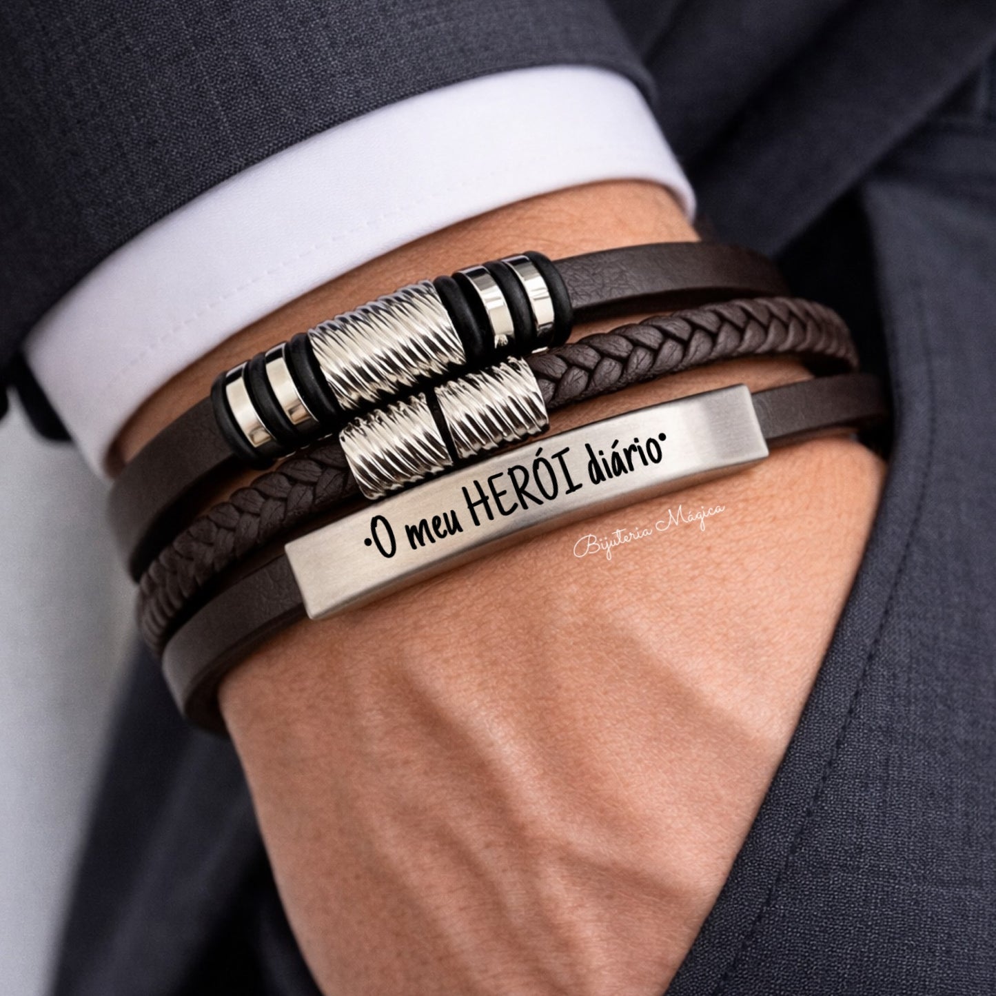 Pulseira Meu Herói Diário – Couro Castanho e Aço