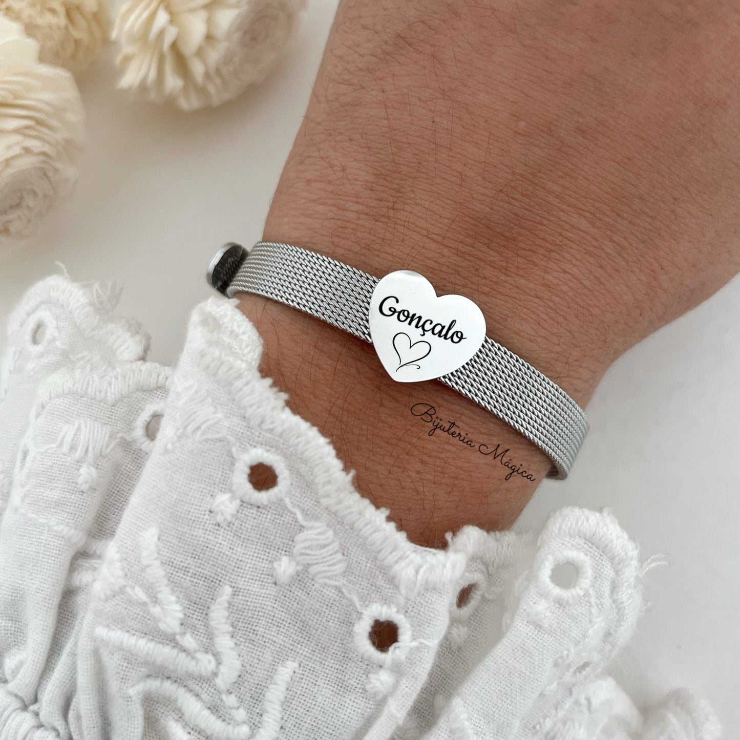 Pulseira Malha com Coração Personalizável