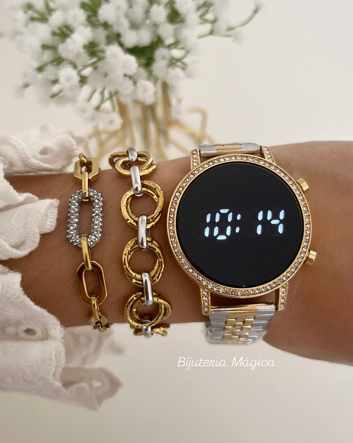 Relógio Digital Elegante Bicolor com Brilhantes