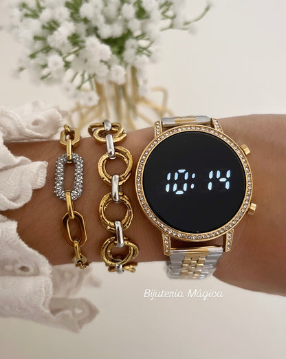 Relógio Digital Elegante Bicolor com Brilhantes