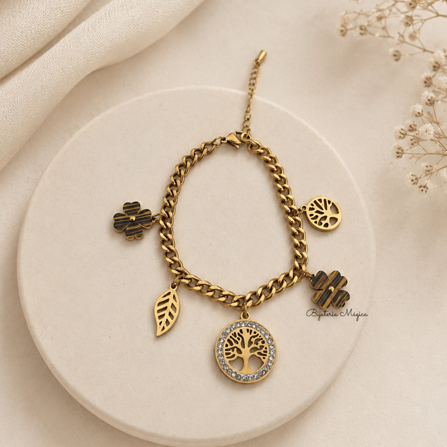 Pulseira Árvore da Vida & Trevos em Aço Dourado