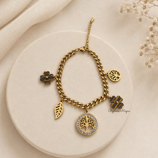 Pulseira Árvore da Vida & Trevos em Aço Dourado