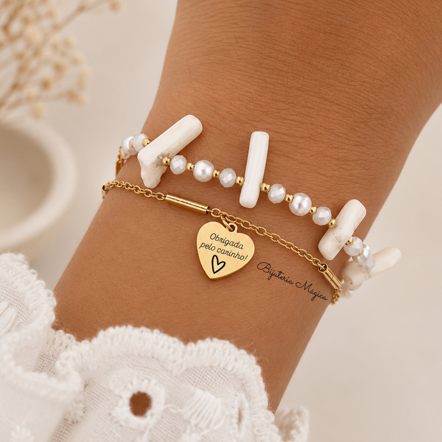 Pulseira Dupla com Pedras Naturais e Medalha Personalizada