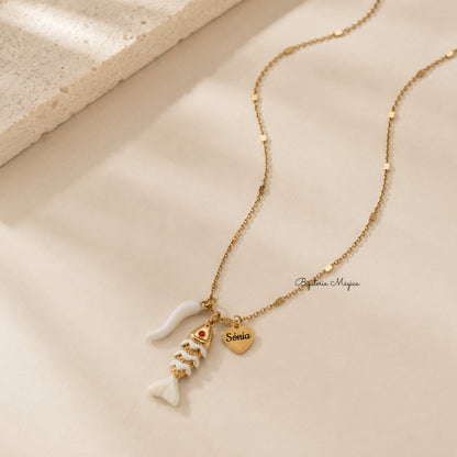 Colar Peixe & Coração Personalizado em Aço Dourado