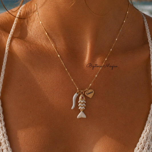 Colar Peixe & Coração Personalizado em Aço Dourado