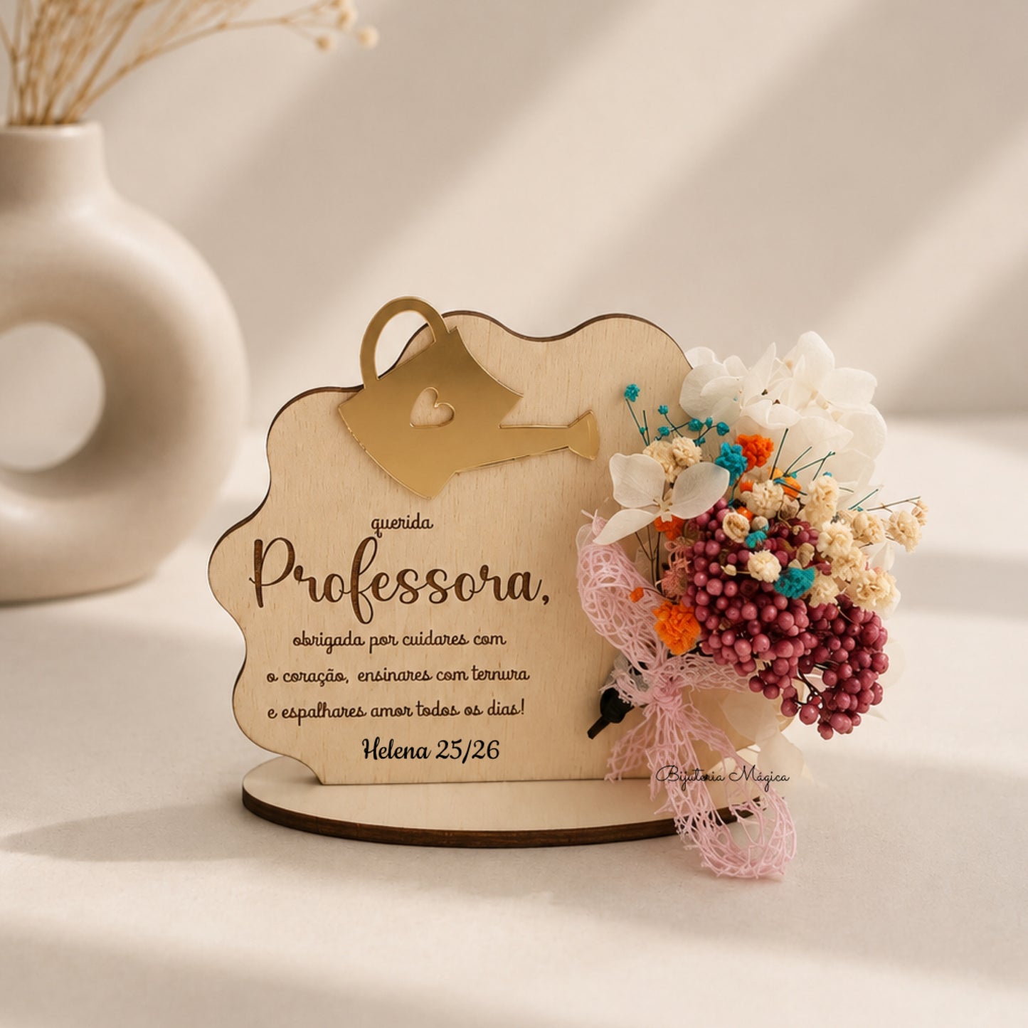 Placa Decorativa Personalizada com Flores Naturais – Professora