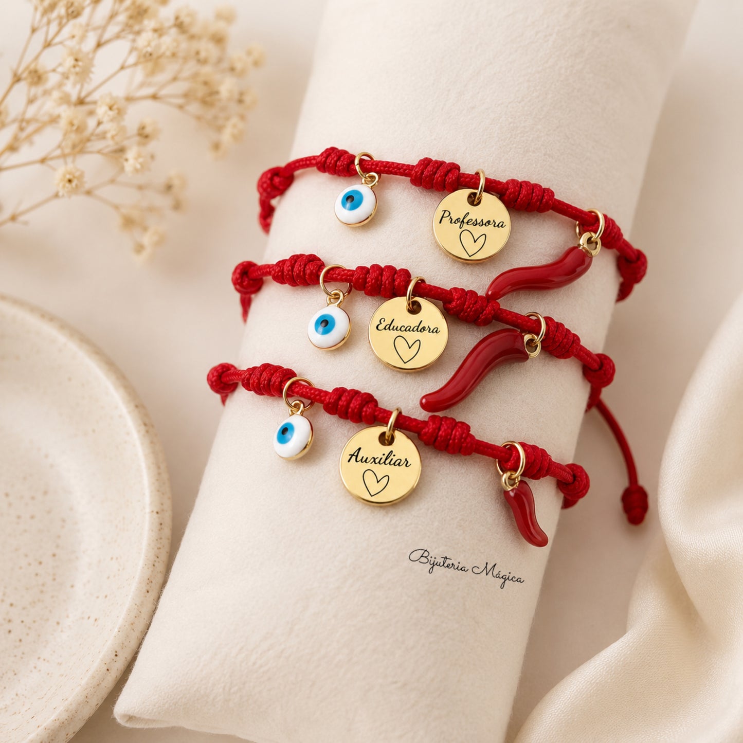 Pulseira Ajustável com Olho, Malagueta e Medalha Personalizada