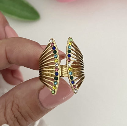 Anel Ajustável em Aço Dourado Aurora Multicor