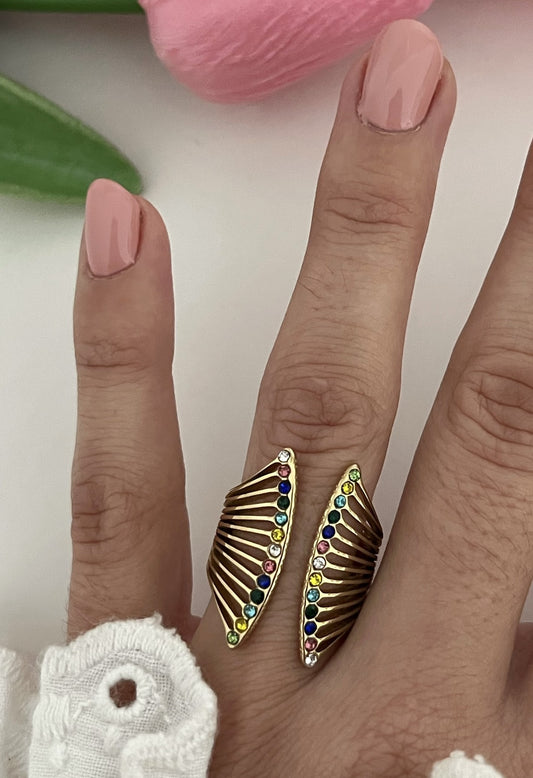 Anel Ajustável em Aço Dourado Aurora Multicor