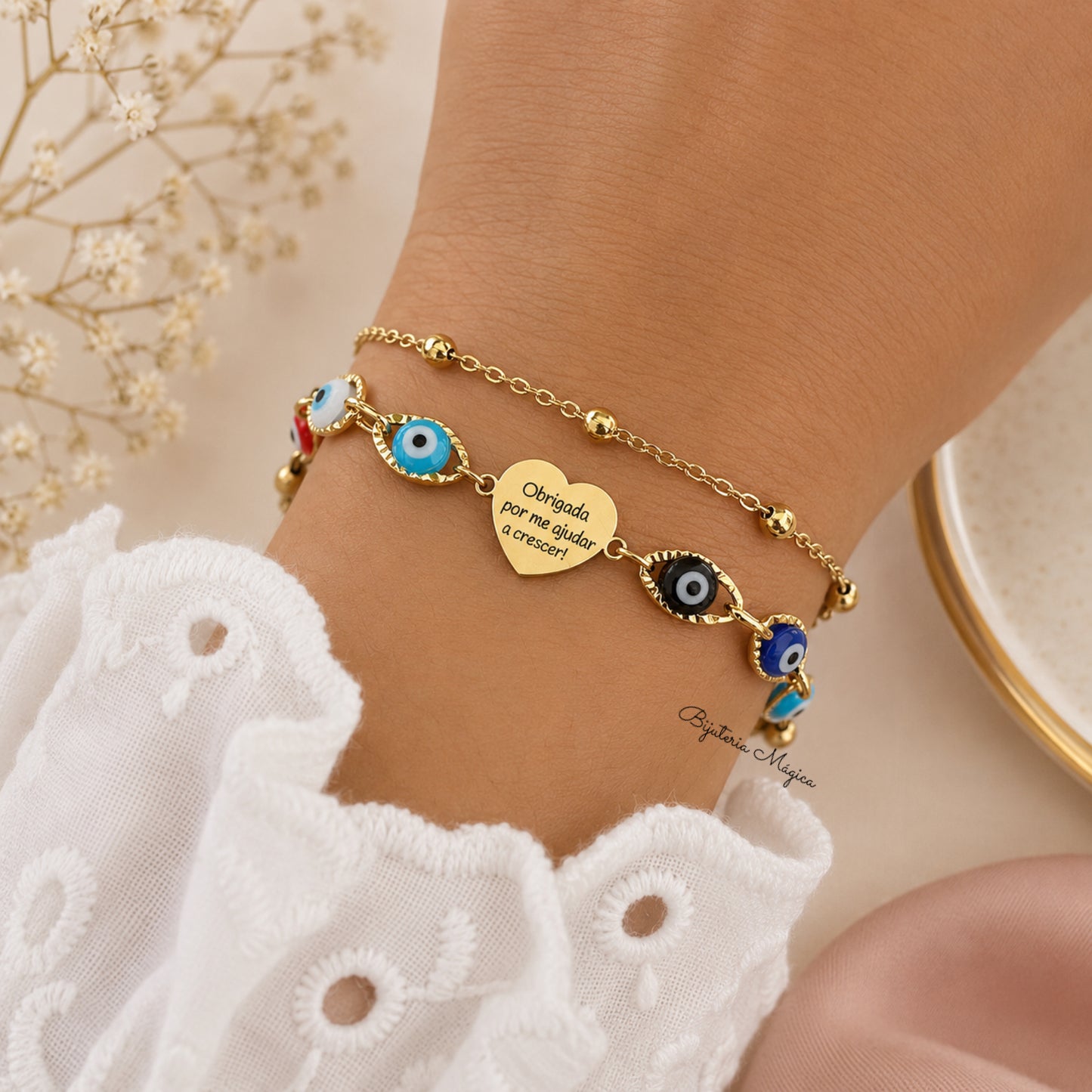 Pulseira Dupla Olho Protetor com Medalha Personalizada