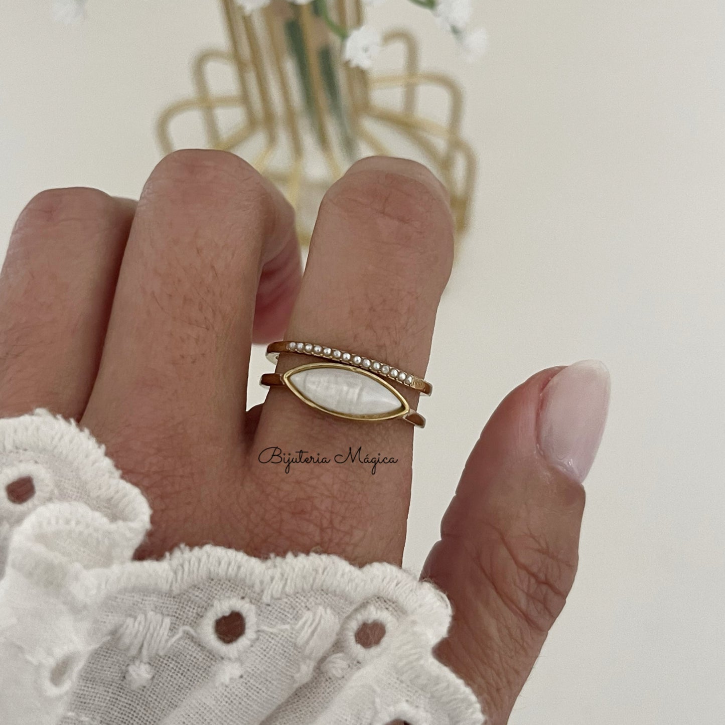 Adjustable Navette Pearl Ring