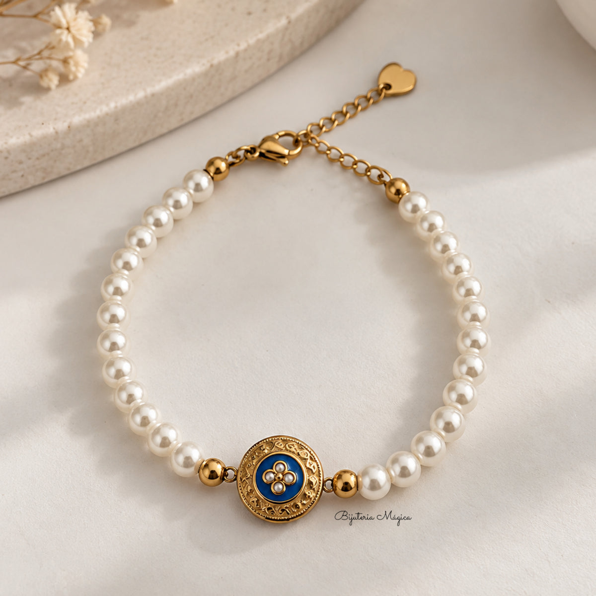 Pulseira Caramujo Azul com Pérolas