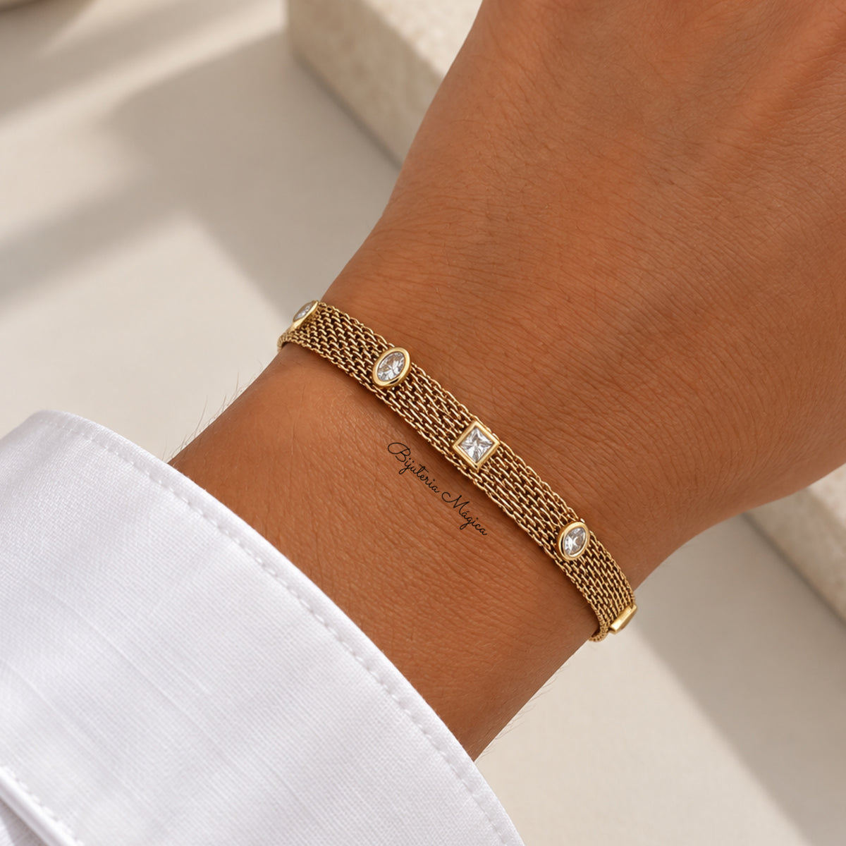 Pulseira Malha Cristal Dourada