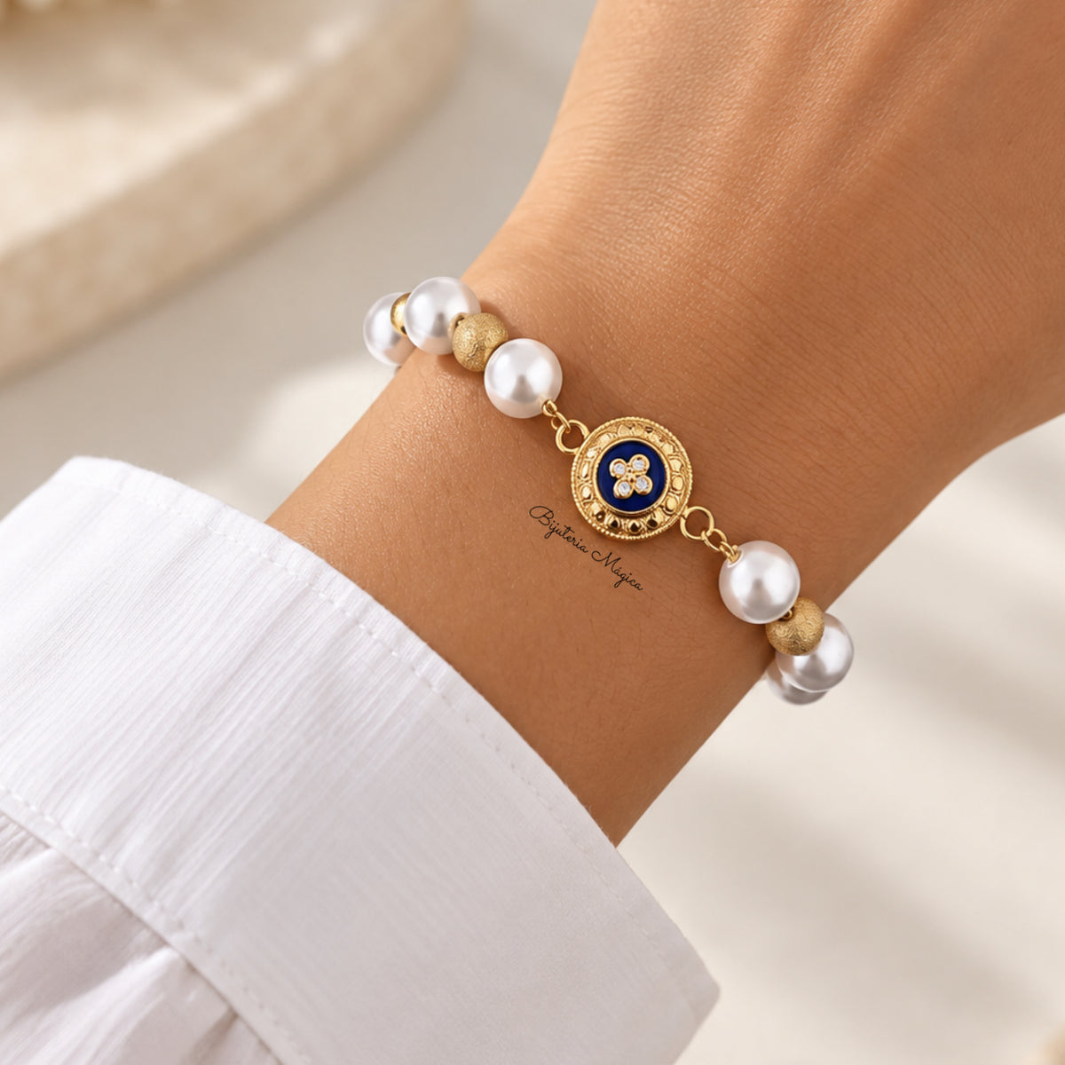 Pulseira Caramujo Azul com Pérolas