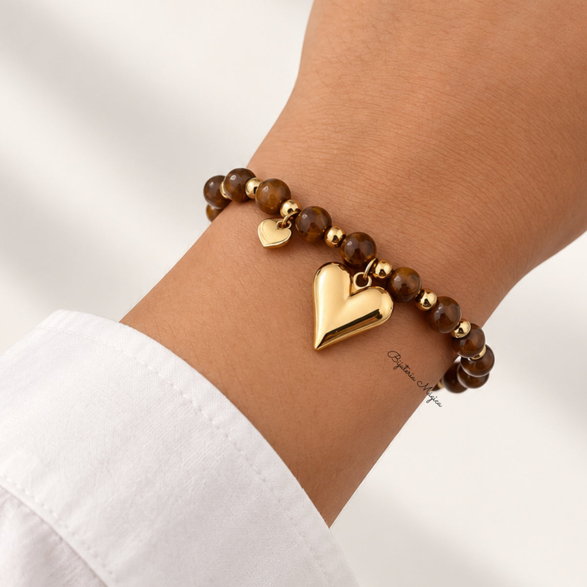 Pulseira Elástica Coração Dourado Castanha
