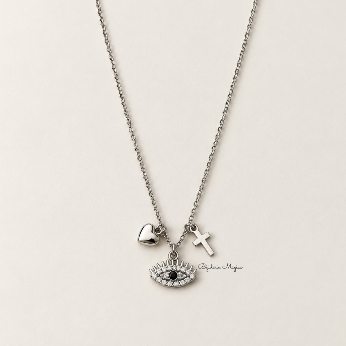 Colar Proteção Coração, Cruz e Olho