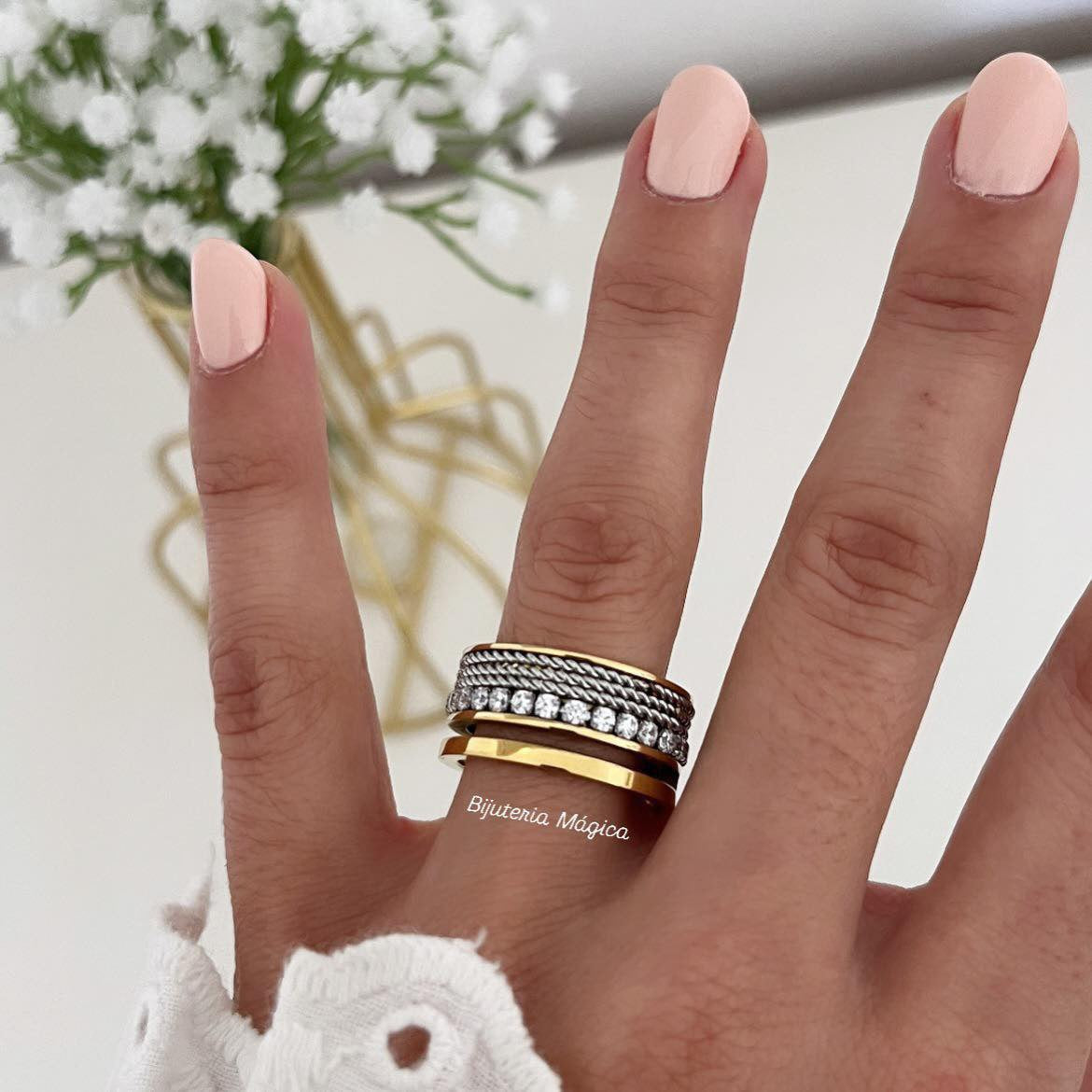 Anel Elegance Bicolor com Cristais em Aço Inoxidável