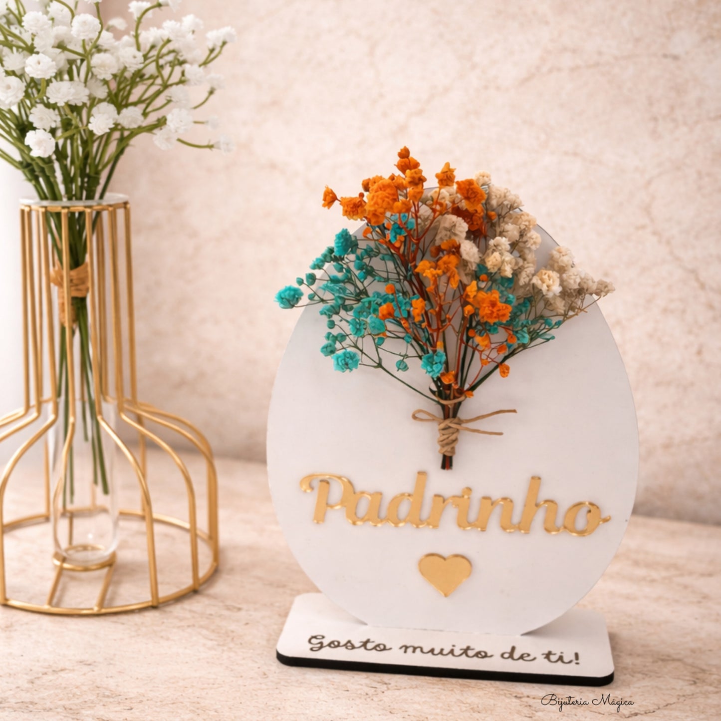 Placa Decorativa “Padrinho” com Flores Secas